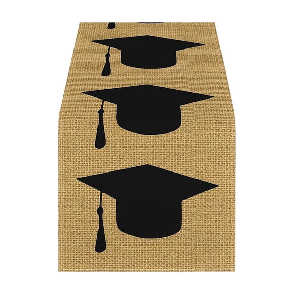 DefiDgd Graduation Cap Pattern Table Runner,Burlap Texture Linen Tabletop Cover,Rustic Grad Party Table Centerpiece Decor for Dining Table Graduation Ceremony Holiday Party Supplies(D)