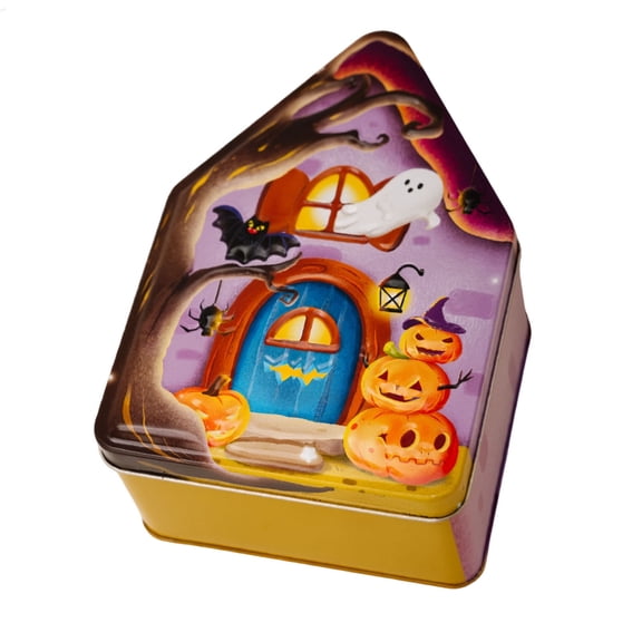 DefiDgd Halloween House Shaped Tin Storage Box,Vintage Style Ghost Bat Pumpkin Printed Reusable Candy Cookie Jar for Halloween Party Holiday Gift Packaging Home Storage Decor(A)