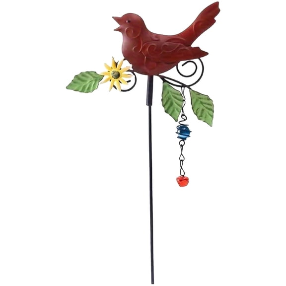 DefiDgd Metal Bird Flower Stake with Wind Chime,Spring Summer Garden Decor for Indoor Outdoor Lawn Pathway Patio Fence Home Decoration(Red)