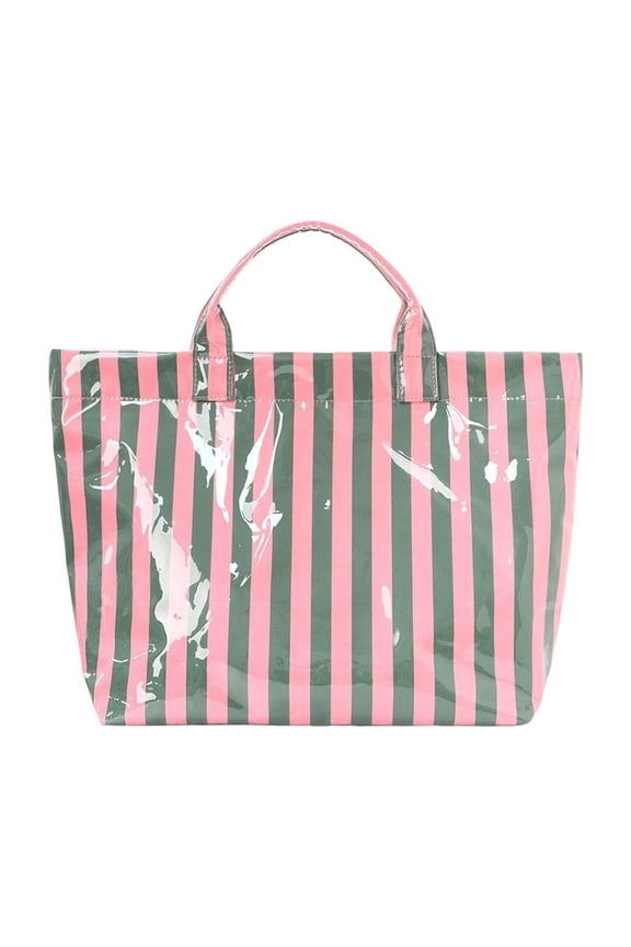 PVC Striped Tote Bag with Zipper,Waterproof Large Capacity Checkered Tote Bag Large Handbag for Work Travel Daily Use(Green)