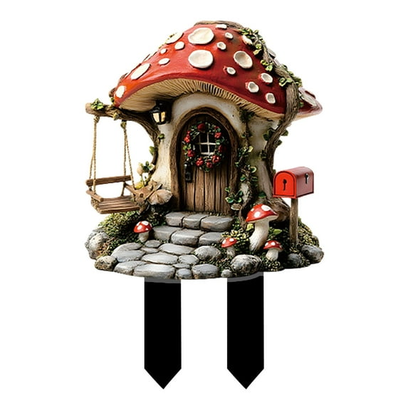 DefiDgd Rural Houses Garden Stake Outdoor Decoration,Acrylic 2D Flat Flower Mushrooms House Statue,Fairy Sculptures Ornament Indoor Outdoor Yard Lawn Pot Plant Decorative(D)