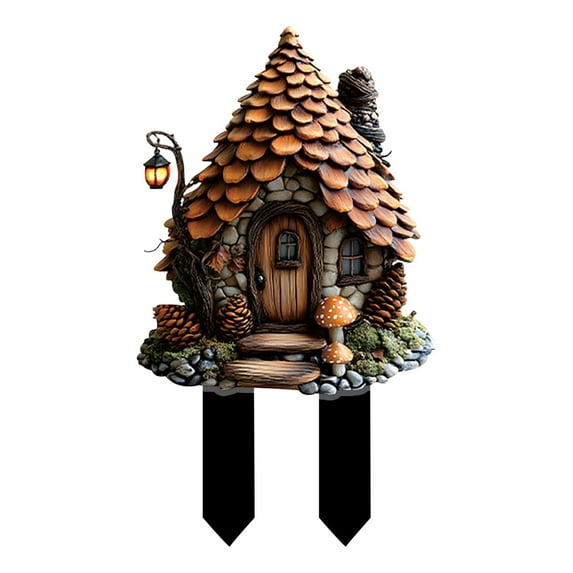 DefiDgd Rural Houses Garden Stake Outdoor Decoration,Acrylic 2D Flat Flower Mushrooms House Statue,Fairy Sculptures Ornament Indoor Outdoor Yard Lawn Pot Plant Decorative(C)