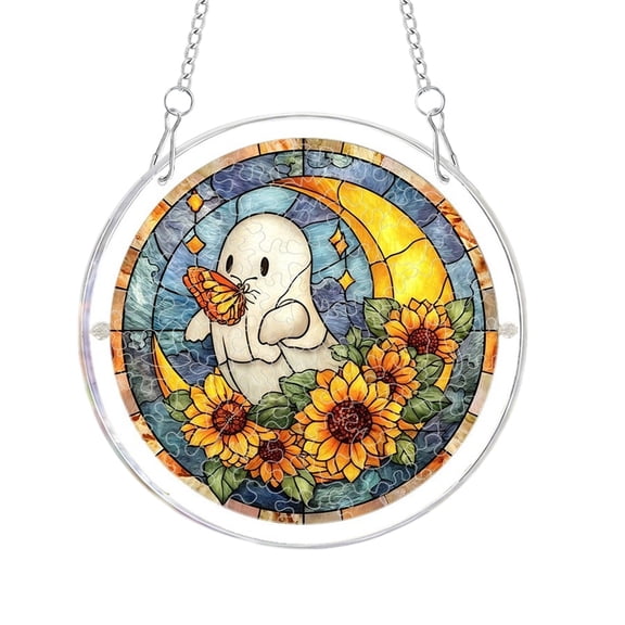 DefiDgd Stained Glass Style Ghost Sunflower Acrylic Hanging Ornament,Puzzle Style Round Suncatcher Pendant for Halloween Fall Porch Window Wall Indoor Holiday Home Decor(A)