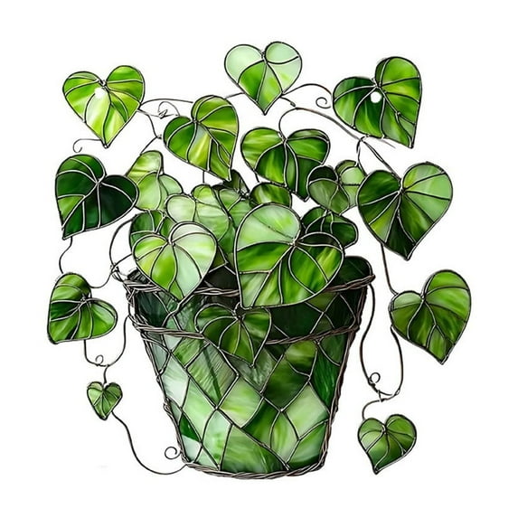 DefiDgd Stained Glass Window Hanging Decoration,Green Plant Window Suncatcher Green Faux Plant for Valentine Plant Lovers Gifts,Home Indoor Outdoor Decor