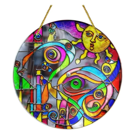 DefiDgd Stained Glass Window Hanging Round Suncatcher,Indoor Outdoor Decoration for Garden Balcony Bedroom Home Ornament,Birthday Valentine's Day Gifts(E)
