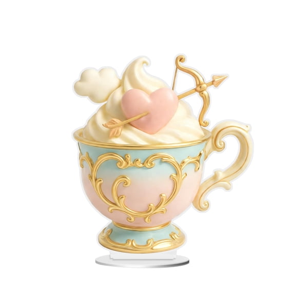 DefiDgd Valentine's Day Romantic Tea Cup Table Standing Statue Ornament,2D Flat Acrylic Table Decoration for Holiday Office Desktop Home(Heart Bow and Arrow)
