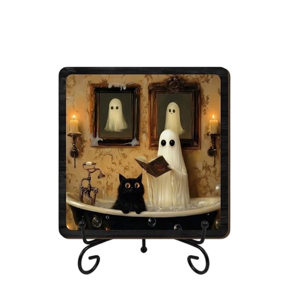 DefiDgd Vintage Ghost Bathtub Wooden Tabletop Sign with Metal Display Base for Halloween Bathroom Bedroom Home Table Shelf Holiday Decoration,Holiday Birthday Gift(C)