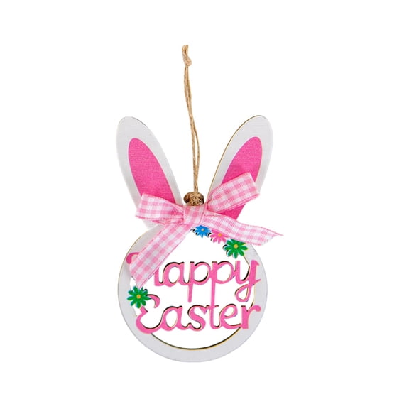 DefiDgd Wooden Easter Bunny Hanging Decoration,Round Bunny Ear Shaped Door Hanging Sign for Easter Spring Farmhouse Office Home Party Patio Yard Decor(Pink)