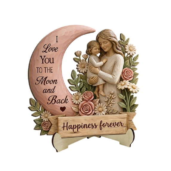 DefiDgd Wooden Father Mother Figurine for Festival Gift,Moon Shaped Sign Tabletop Decoration for Birthday Mothers Day Father's Day Gift,Home Office Tabletop Decoration(D)