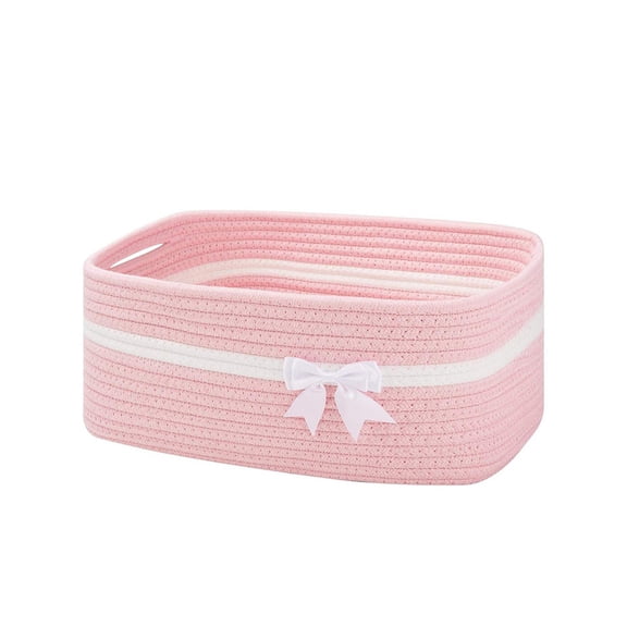 DefiDgd Woven Storage Basket Empty with Handles,Small Bow Design Foldable Storage Baskets for Organizing Shelves Holiday Gift Holiday Home Decoration(Pink)