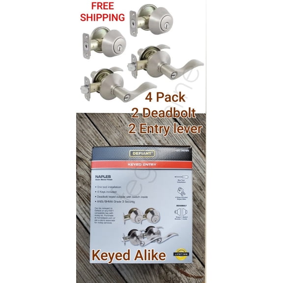 Defiant Keyed Alike Entry 2 Deadbolts 2 Levers Set Naples Satin Nickel 4 Pieces