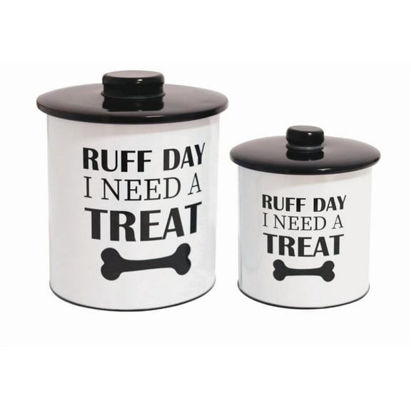 Define Marvelous 2 pc Set Dog Treat Container with Lid, Round Tin Dog Treat Storage Jar for Countertop (Ruff Day)