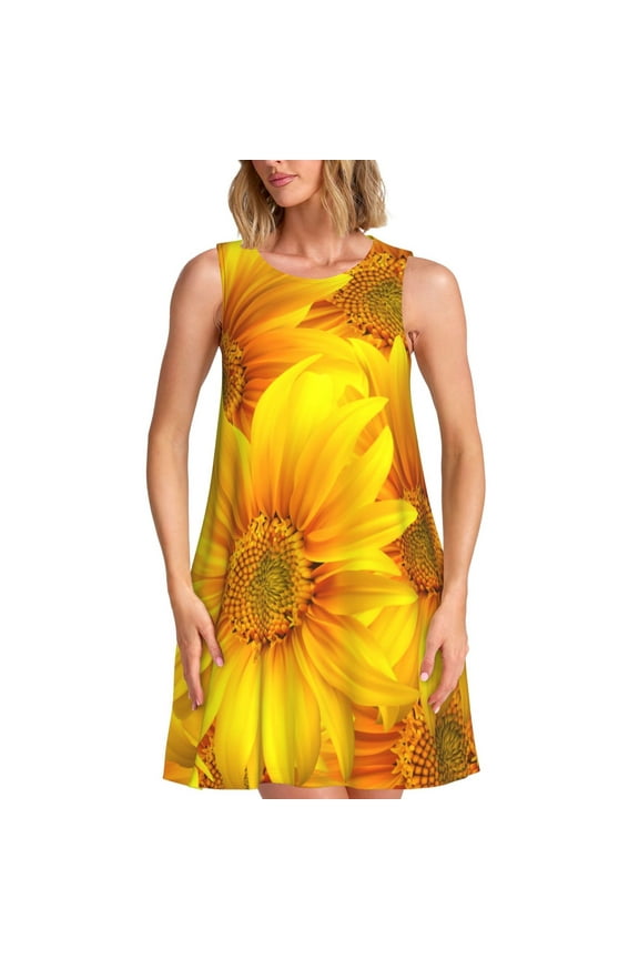 3D Sunflowers Pattern Women's Summer Dresses 2025 Beach Casual Sleeveless Tank Loose Sundress Beach Vacation Clothes with Pocket -Large