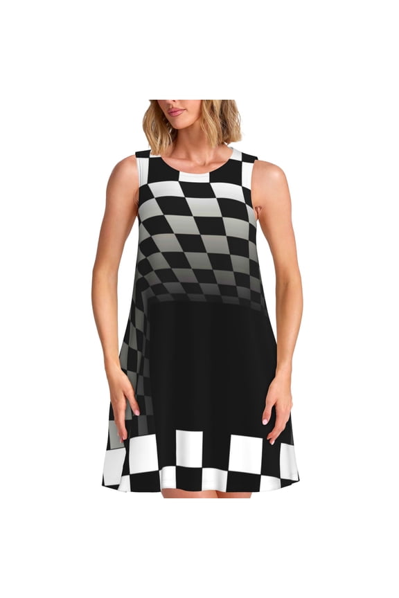 3d Black and White Checkerboard Tunnel Pattern Women's Summer Dresses 2025 Beach Casual Sleeveless Tank Loose Sundress Beach Vacation Clothes with Pocket -Medium