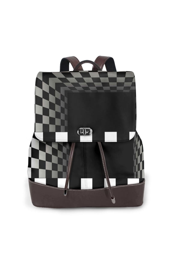 3d Black and White Checkerboard Tunnel Print PU Leather Backpack,Backpack Purse for Women Fashion Multipurpose Design Handbag Ladies Bags Travel Backpack