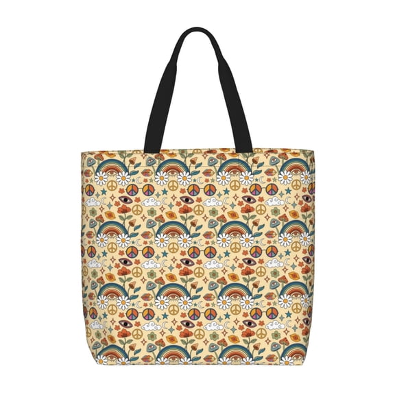 Defioc 70s Hippie Style Pattern Tote Bag for Women,Large Capacity Tote Bag with Zipper Casual Shoulder Handbags Shopping Bag