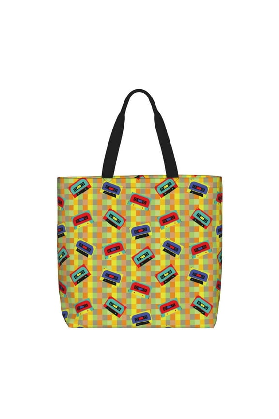 90s Audio Tape Pattern Tote Bag for Women,Large Capacity Tote Bag with Zipper Casual Shoulder Handbags Shopping Bag
