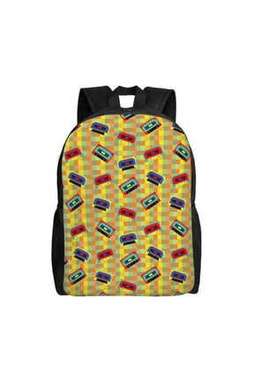 90s Audio Tape Print Backpack -Travel,or Work Bookbag Daypacks with 15-Inch Laptop Sleeve and Dual Water Bottle Pockets