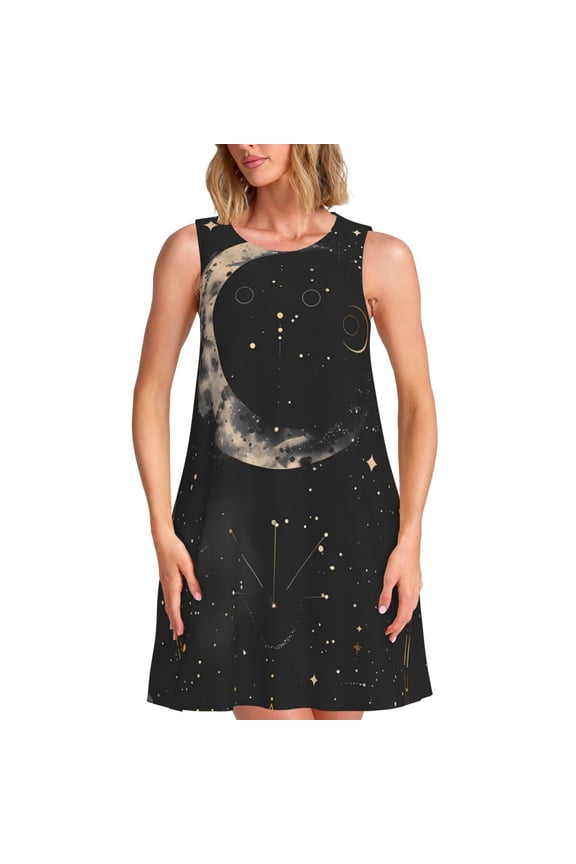 Abstract Starry Sky Moon Pattern Women's Summer Dresses 2025 Beach Casual Sleeveless Tank Loose Sundress Beach Vacation Clothes with Pocket -3X-Large
