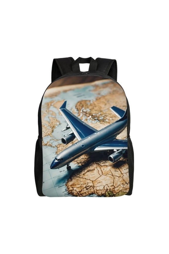 Airplane World Map Adventure Print Backpack -Travel,or Work Bookbag Daypacks with 15-Inch Laptop Sleeve and Dual Water Bottle Pockets