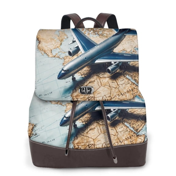 Defioc Airplane World Map Adventure Print PU Leather Backpack,Backpack Purse for Women Fashion Multipurpose Design Handbag Ladies Bags Travel Backpack