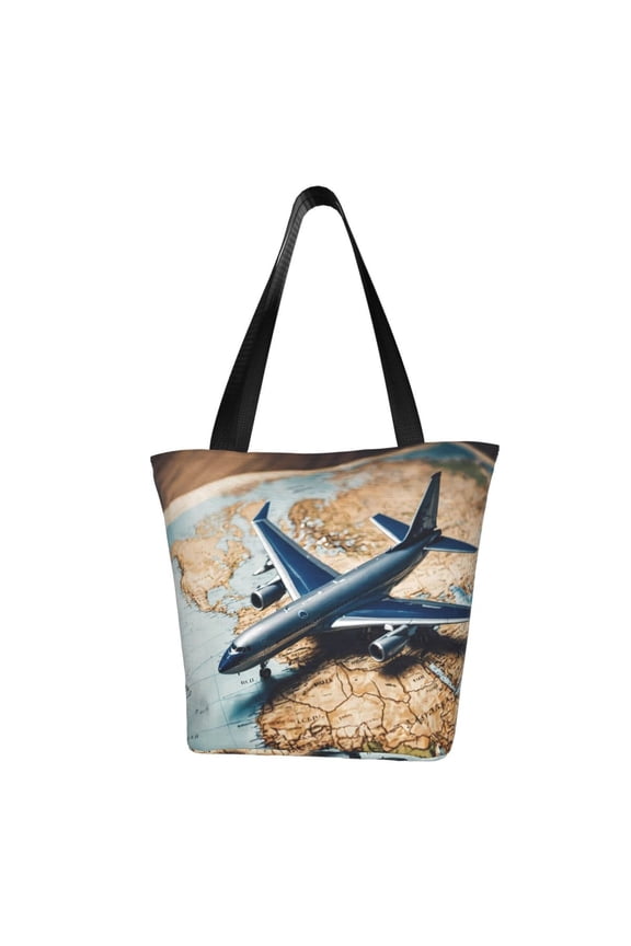 Airplane World Map Adventure Print Tote Bag for Women,Shoulder Bag with Zipper Casual Tote's Handbag Big Capacity Shoulder Bag with Inner Pocket Fit for Shopping,Office,Travel