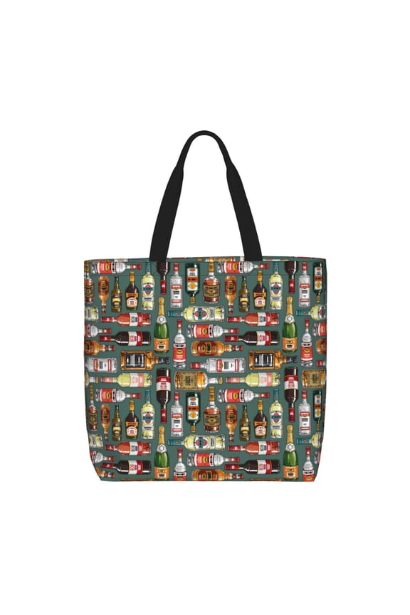 Alcohol Bottles Pattern Tote Bag for Women,Large Capacity Tote Bag with Zipper Casual Shoulder Handbags Shopping Bag