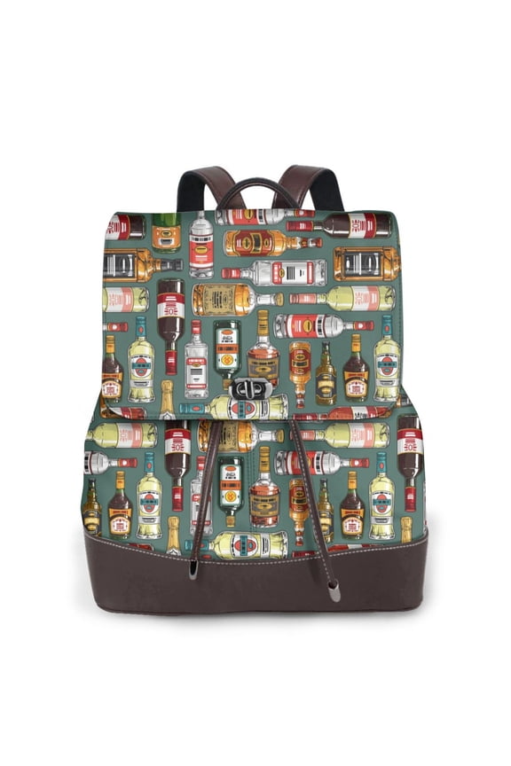 Alcohol Bottles Print PU Leather Backpack,Backpack Purse for Women Fashion Multipurpose Design Handbag Ladies Bags Travel Backpack