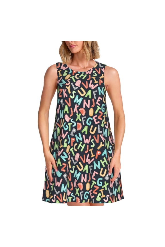Alphabet Pattern Women's Summer Dresses 2025 Beach Casual Sleeveless Tank Loose Sundress Beach Vacation Clothes with Pocket -3X-Large