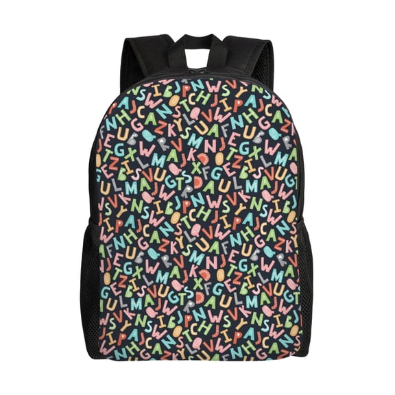 Defioc Alphabet Print Backpack -Travel,or Work Bookbag Daypacks with 15-Inch Laptop Sleeve and Dual Water Bottle Pockets