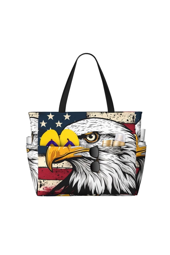 American Bald Eagle Pattern Beach Bag for Women - Large Beach Tote Bag Waterproof Sandproof Swim Pool Bag Everyday Bag Handbags with Zipper