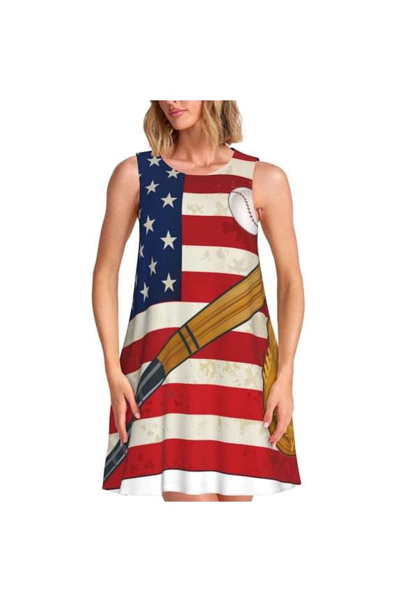 American Flag And Baseball Pattern Women's Summer Dresses 2025 Beach Casual Sleeveless Tank Loose Sundress Beach Vacation Clothes with Pocket -3X-Large