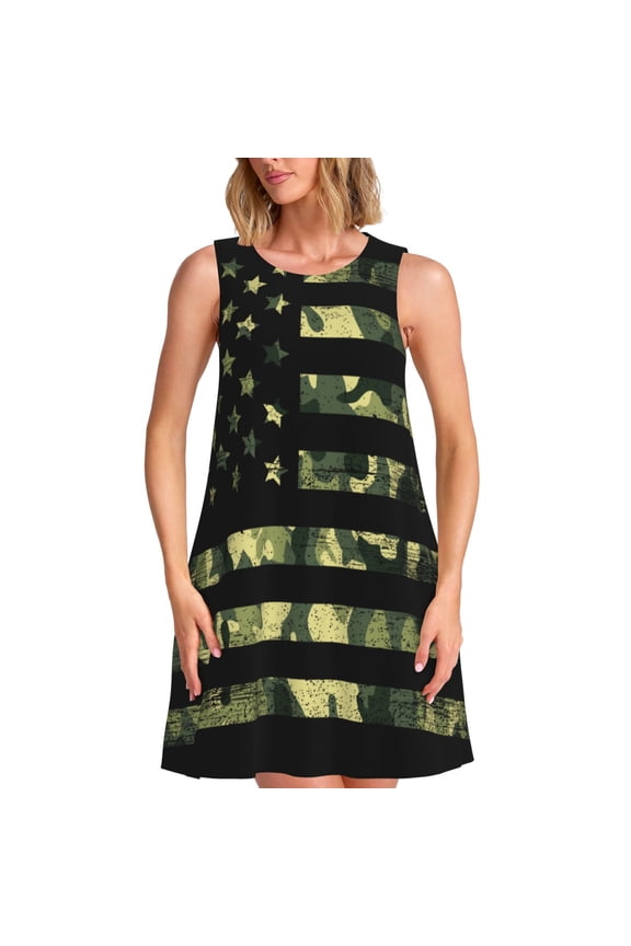 American Flag Camo Pattern Women's Summer Dresses 2025 Beach Casual Sleeveless Tank Loose Sundress Beach Vacation Clothes with Pocket -Large