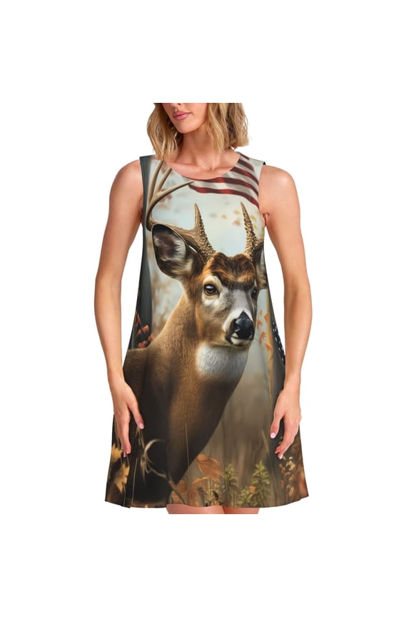American Wildlife Deer Forest Pattern Women's Summer Dresses 2025 Beach Casual Sleeveless Tank Loose Sundress Beach Vacation Clothes with Pocket -X-Large