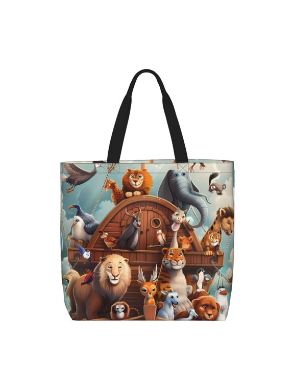 Animal Filled Noahs Ark Pattern Tote Bag for Women,Large Capacity Tote Bag with Zipper Casual Shoulder Handbags Shopping Bag