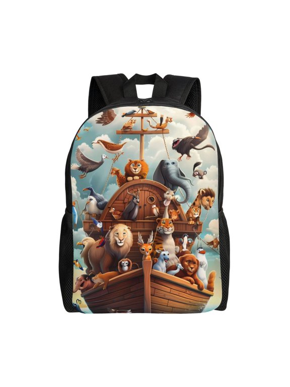 Animal Filled Noahs Ark Print Backpack -Travel,or Work Bookbag Daypacks with 15-Inch Laptop Sleeve and Dual Water Bottle Pockets