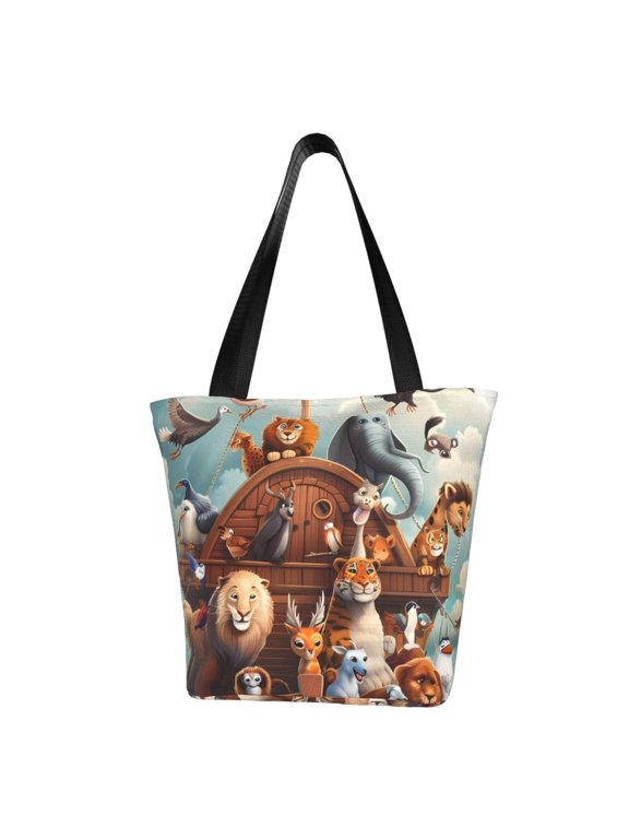 Animal Filled Noahs Ark Print Tote Bag for Women,Shoulder Bag with Zipper Casual Tote's Handbag Big Capacity Shoulder Bag with Inner Pocket Fit for Shopping,Office,Travel