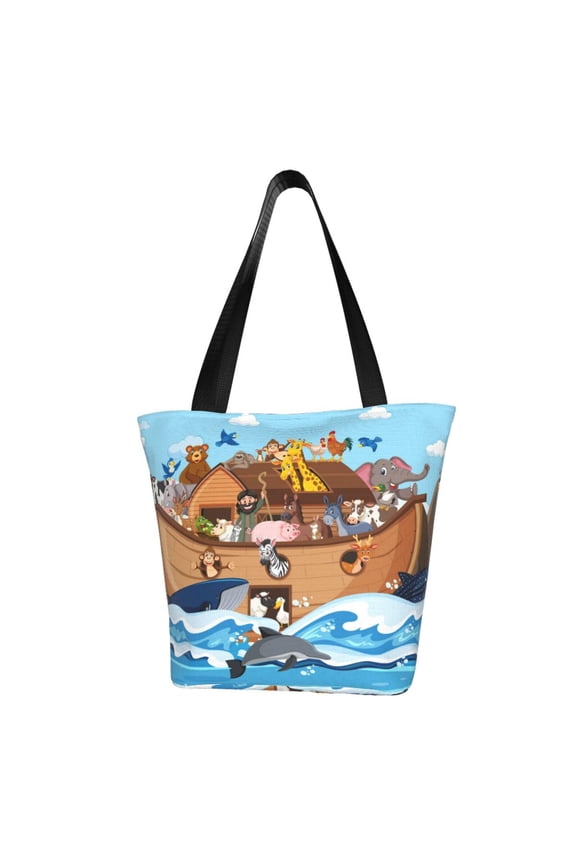 Animals on Noah's Ark Floating Print Tote Bag for Women,Shoulder Bag with Zipper Casual Tote's Handbag Big Capacity Shoulder Bag with Inner Pocket Fit for Shopping,Office,Travel