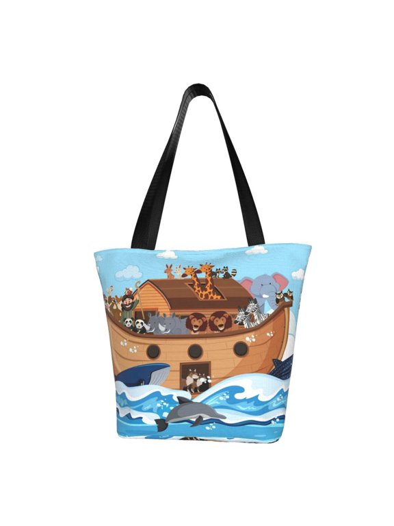 Animals on Noah's Ark Print Tote Bag for Women,Shoulder Bag with Zipper Casual Tote's Handbag Big Capacity Shoulder Bag with Inner Pocket Fit for Shopping,Office,Travel