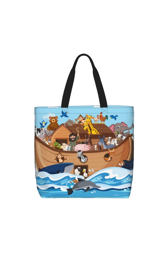 Animals on Noah's Ark Floating Pattern Tote Bag for Women,Large Capacity Tote Bag with Zipper Casual Shoulder Handbags Shopping Bag