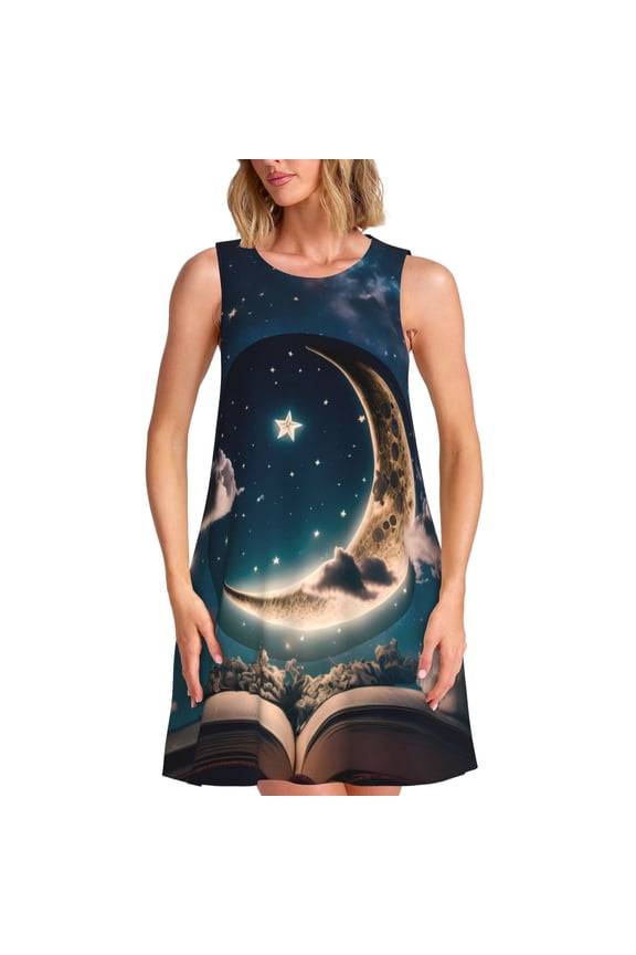 Artistic Starry Sky Moon Book Pattern Women's Summer Dresses 2025 Beach Casual Sleeveless Tank Loose Sundress Beach Vacation Clothes with Pocket -Medium