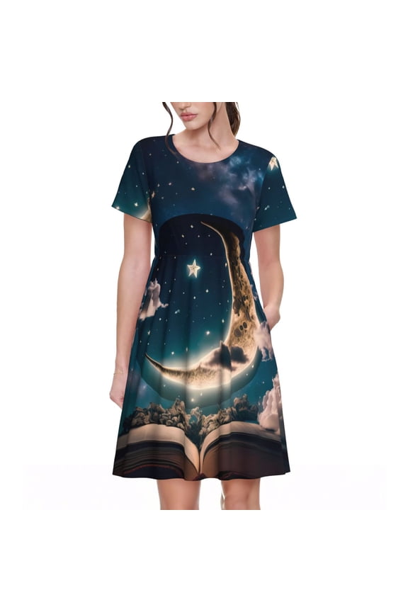 Artistic Starry Sky Moon Book Pattern Womens Summer Dresses Short Sleeve Sundress 2025 Beach Vacation Dresses with Pockets -Medium