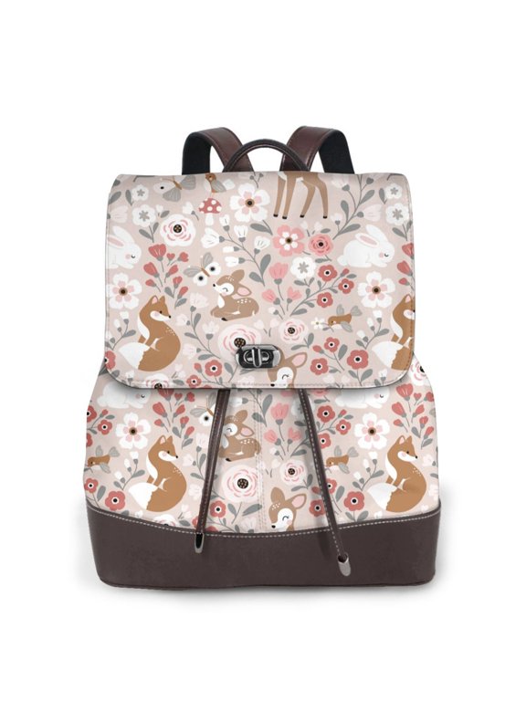 Autumn Floral Deer Print PU Leather Backpack,Backpack Purse for Women Fashion Multipurpose Design Handbag Ladies Bags Travel Backpack