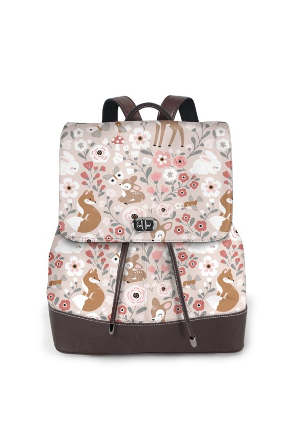 Autumn Floral Deer Print PU Leather Backpack,Backpack Purse for Women Fashion Multipurpose Design Handbag Ladies Bags Travel Backpack