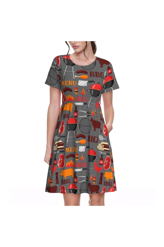 BBQ Icons Pattern Womens Summer Dresses Short Sleeve Sundress 2025 Beach Vacation Dresses with Pockets -3X-Large