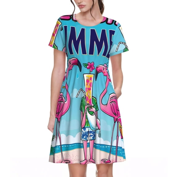 Defioc Beach Flamingo Trio Pattern Womens Summer Dresses Short Sleeve Sundress 2025 Beach Vacation Dresses with Pockets -Small