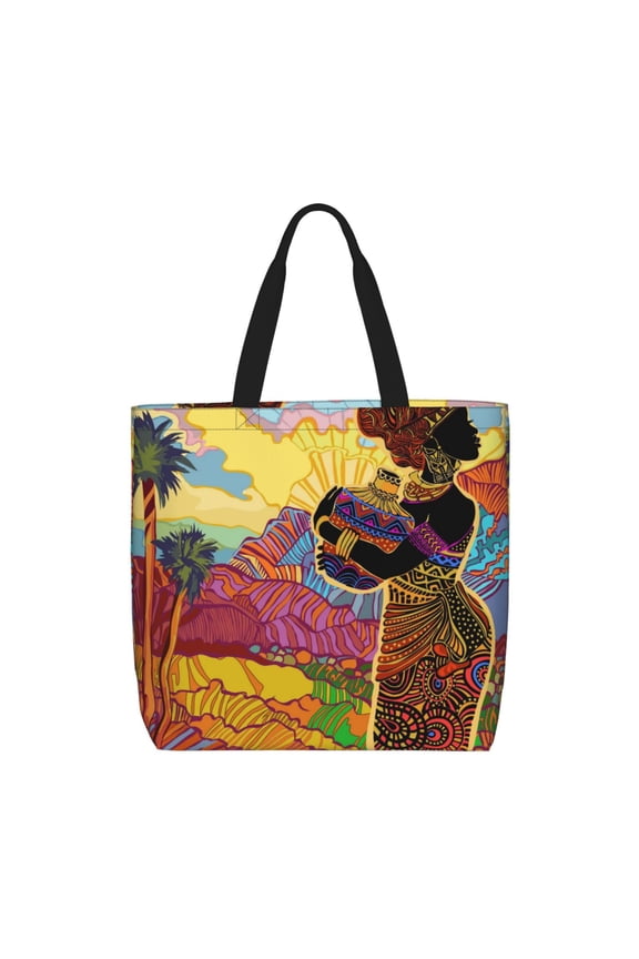 Beautiful African Woman Pattern Tote Bag for Women,Large Capacity Tote Bag with Zipper Casual Shoulder Handbags Shopping Bag