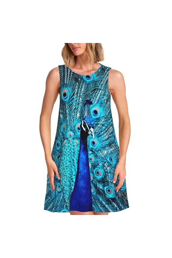 Beautiful Blue Peacock Pattern Women's Summer Dresses 2025 Beach Casual Sleeveless Tank Loose Sundress Beach Vacation Clothes with Pocket -3X-Large