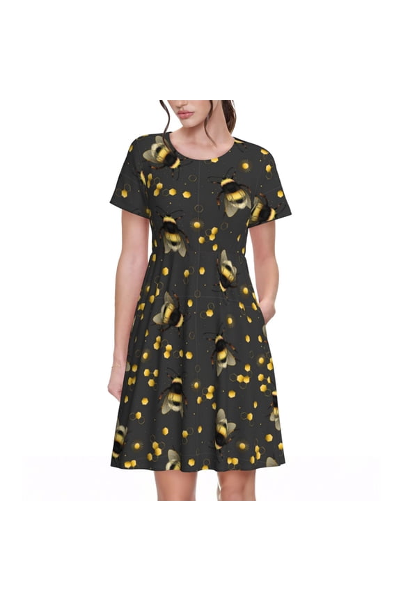 Bee Pattern Womens Summer Dresses Short Sleeve Sundress 2025 Beach Vacation Dresses with Pockets -Medium