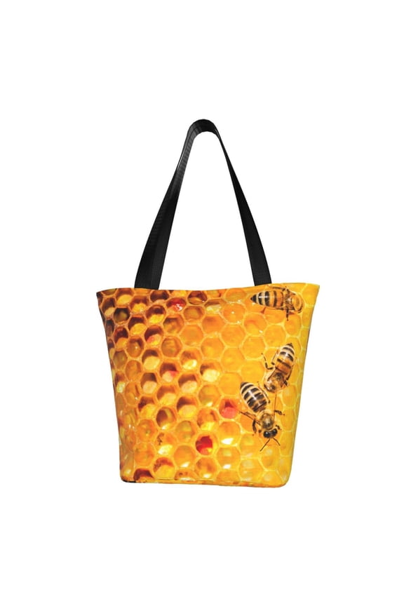 Bees on Hive Honeycomb Print Tote Bag for Women,Shoulder Bag with Zipper Casual Tote's Handbag Big Capacity Shoulder Bag with Inner Pocket Fit for Shopping,Office,Travel